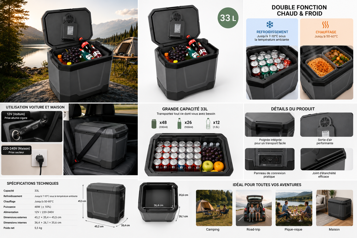 Portable Electric Cooler 33L Hot/Cold – 12V & 220-240V Car, Camping and Home