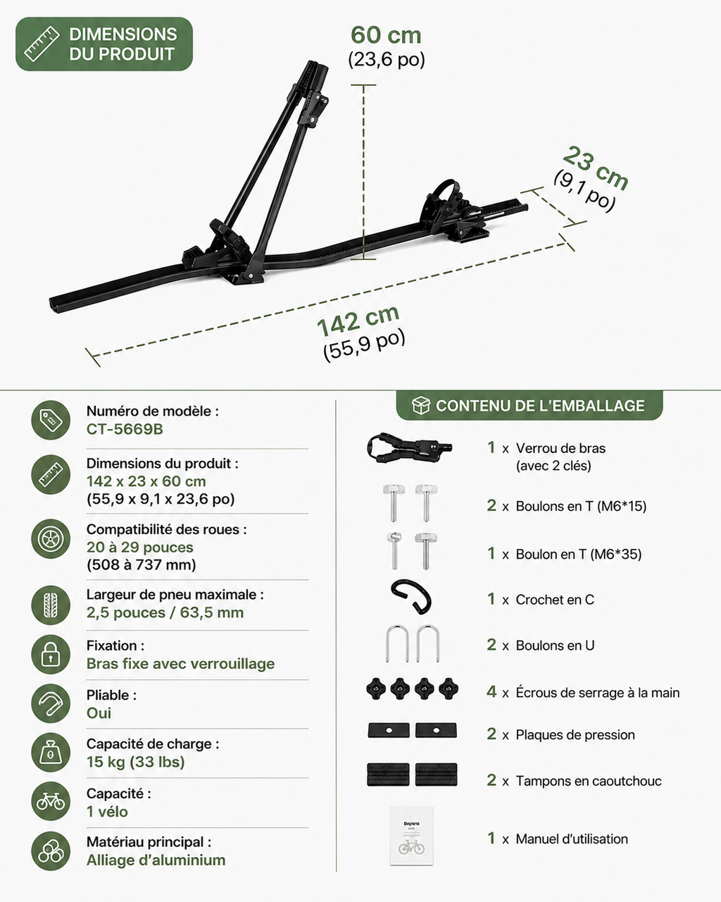 Universal Aluminum Roof Bike Rack – 1 Bike, 15 kg, 20–29″ Wheels, Lockable