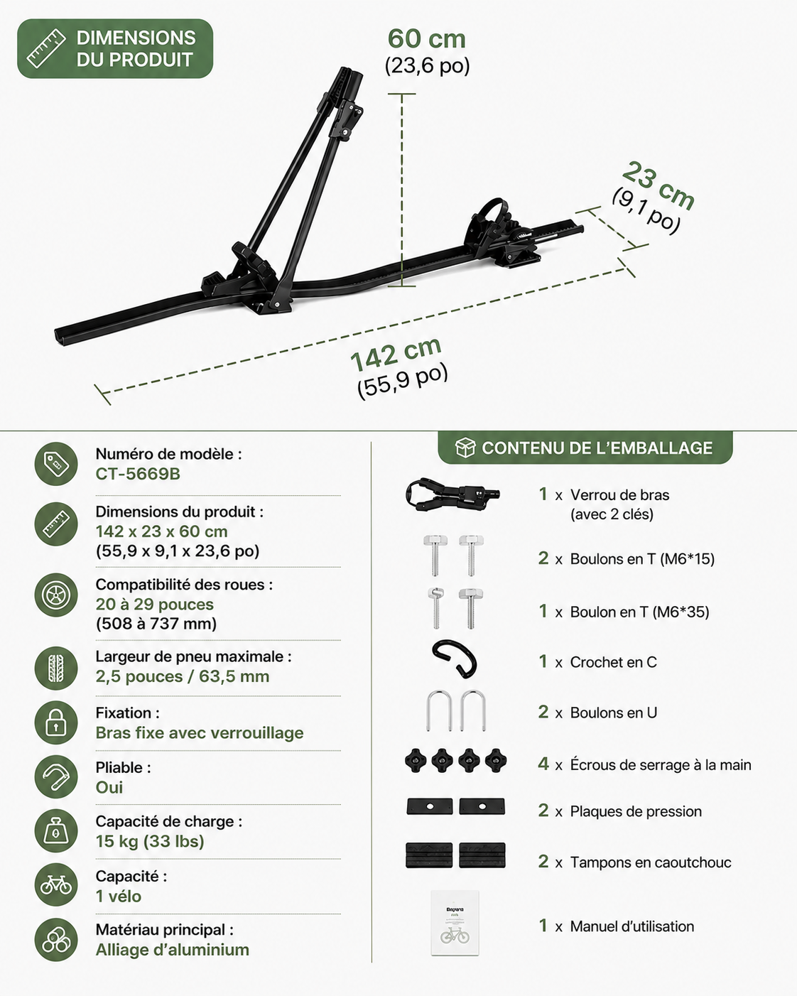 Universal Aluminum Roof Bike Rack – 1 Bike, 15 kg, 20–29″ Wheels, Lockable