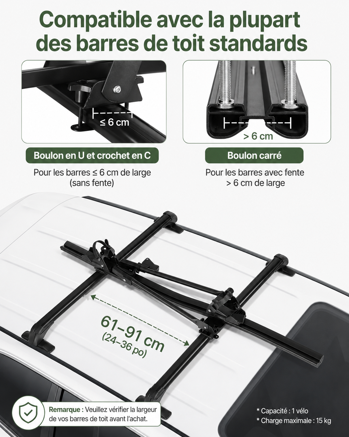 Universal Aluminum Roof Bike Rack – 1 Bike, 15 kg, 20–29″ Wheels, Lockable