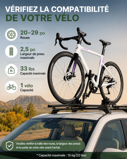 Porte-Vélo de Toit Universel en Aluminium – 1 Vélo, 15 kg, Roues 20–29″, Verrouillable