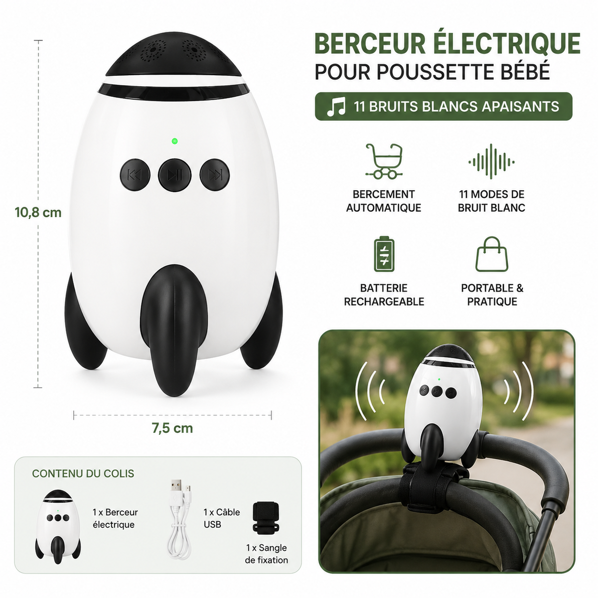 Portable Electric Stroller Rocker for Baby – 11 White Noise Sounds, Sleep Aid