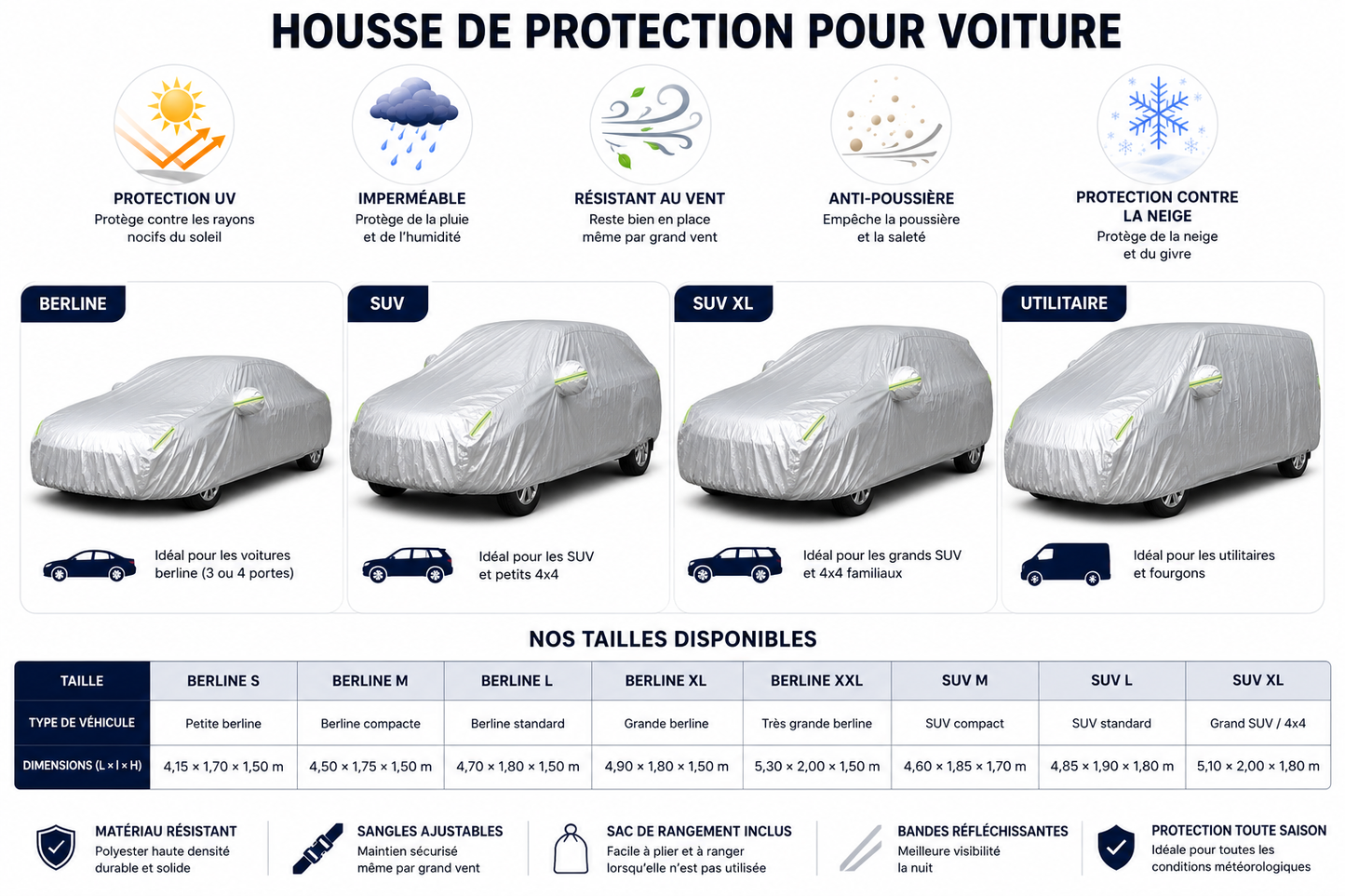 Housse de Voiture Universelle – Protection Extérieure Anti-Pluie, Neige et UV
