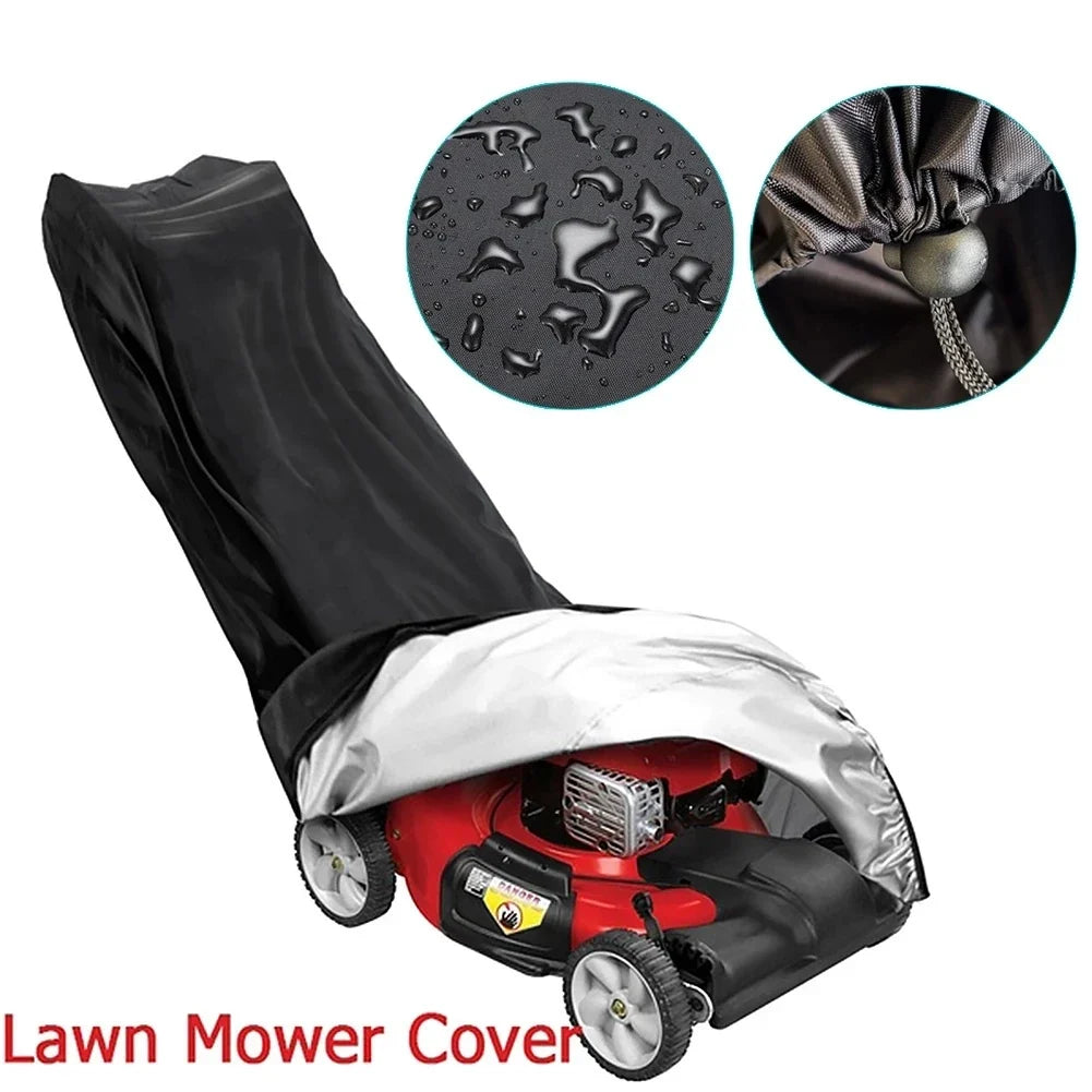 Lawn mower cover shown from the side outdoors