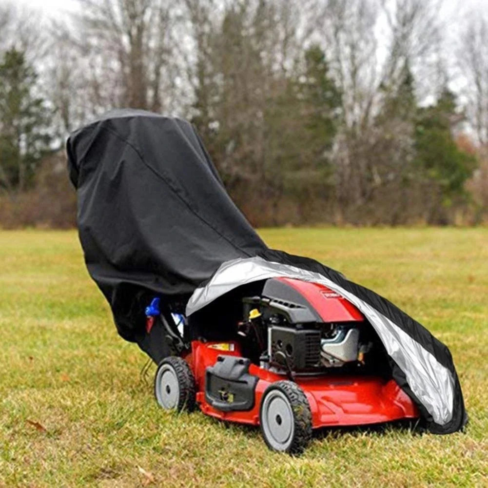 Black waterproof Oxford lawn mower cover fitted over a walk-behind mower