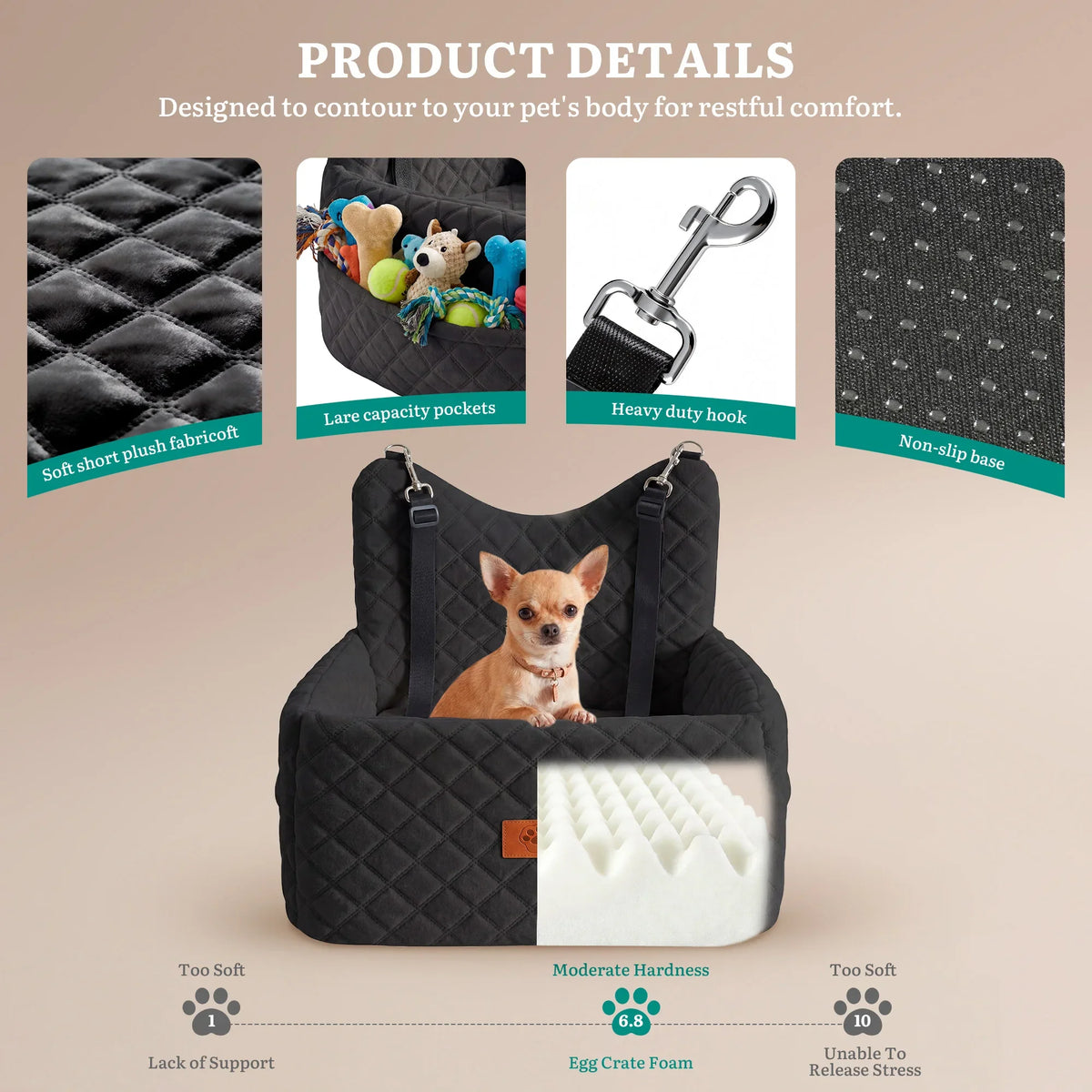 Memory Foam Dog Car Seat Non-Slip Pet Booster Bed - foam detail