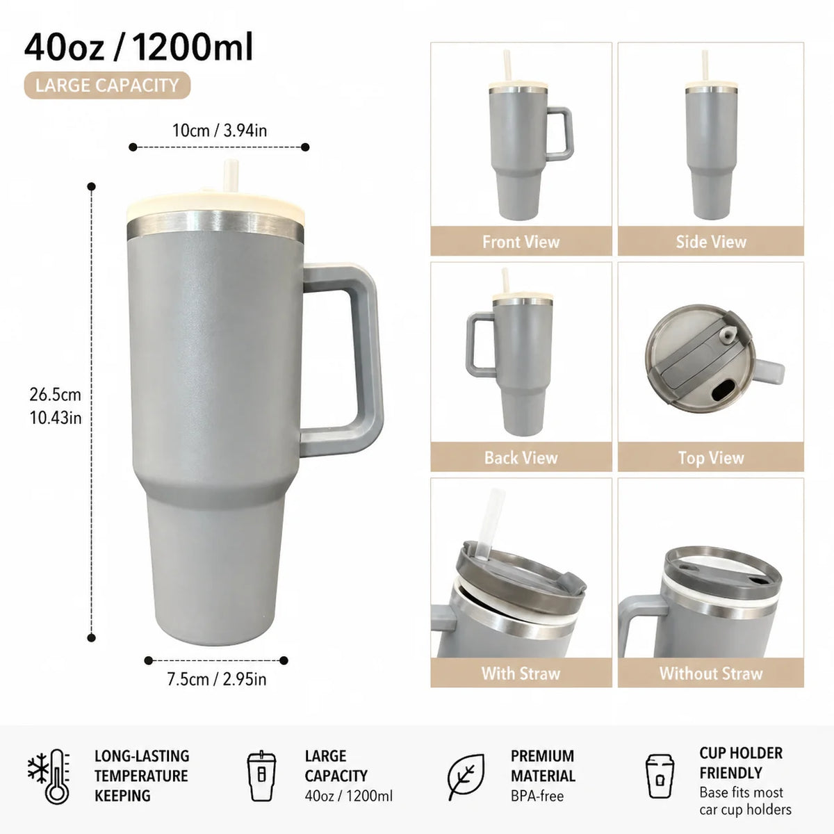 Insulated Tumbler 40oz with Handle & Straw