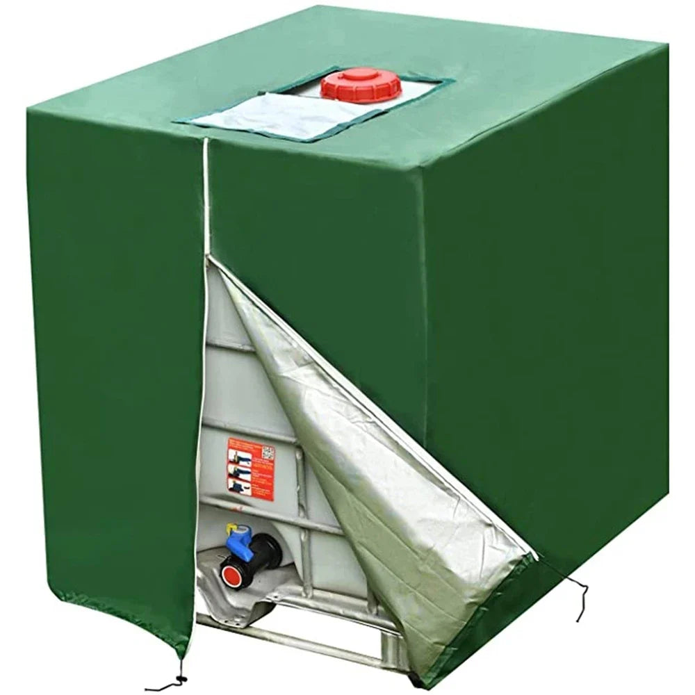 IBC tote cover shown outdoors in a garden