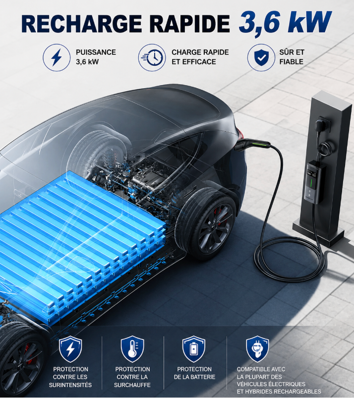 Type 2 Electric Car Charger 3.6 kW – Adjustable 6–16A – 5m Cable