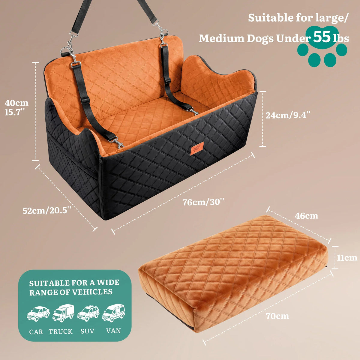Large Dog Car Seat Booster Memory Foam Pet Travel Bed - safety belt