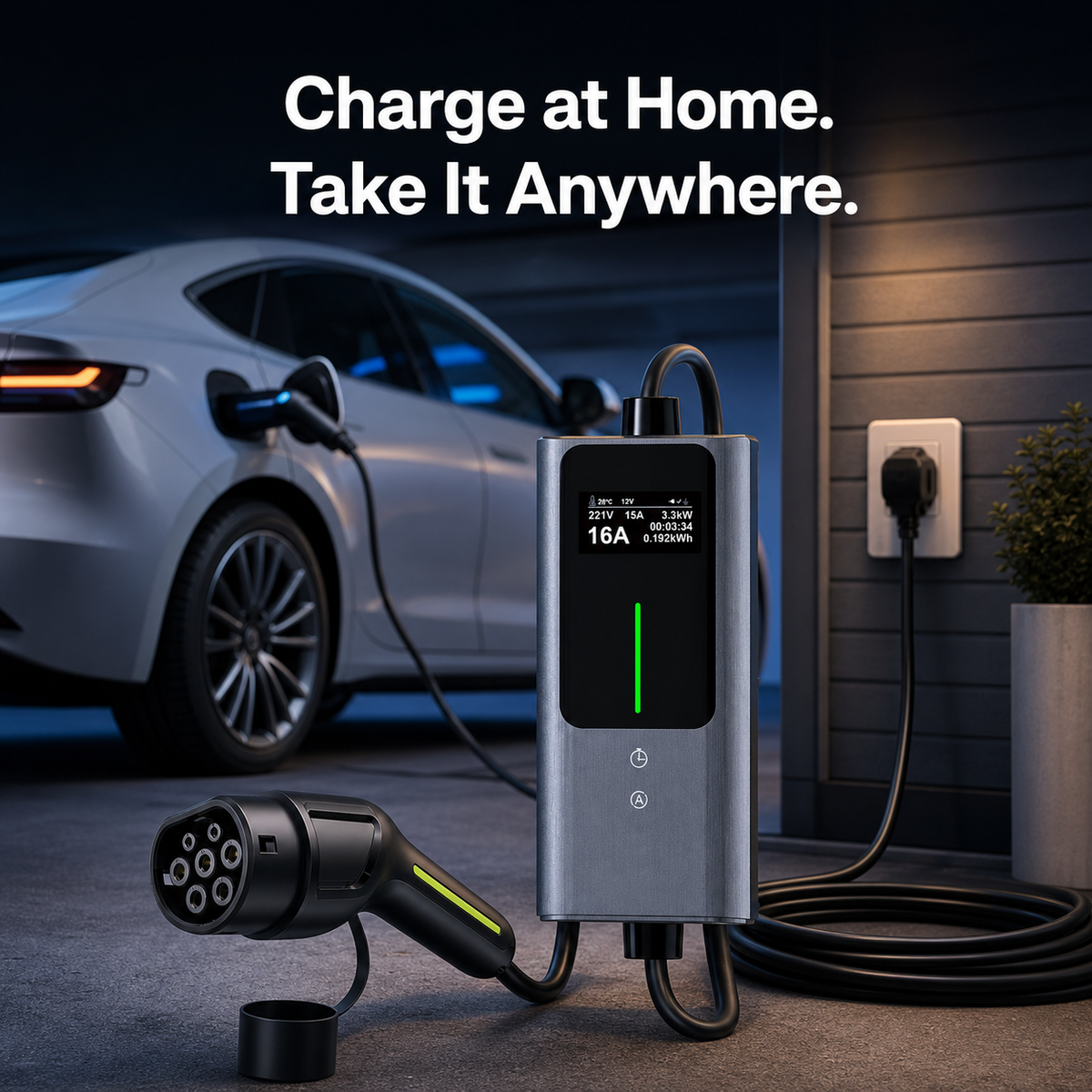 Portable EV Charger 3.6kW — Adjustable 6–16A, 16.4 ft Cable