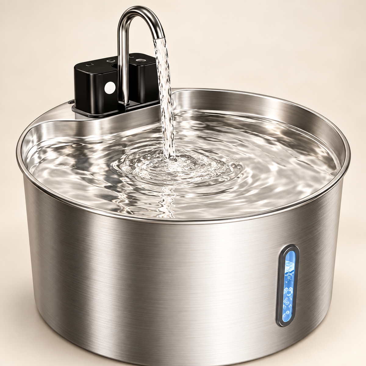 Close-up of the 7 L pet fountain faucet and stainless steel tray