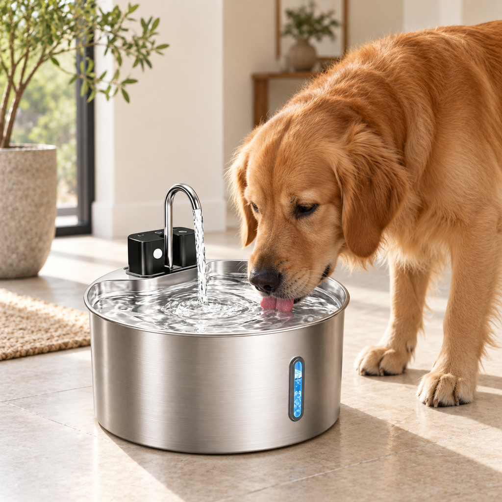 Golden retriever drinking from a 7 L stainless steel pet water fountain