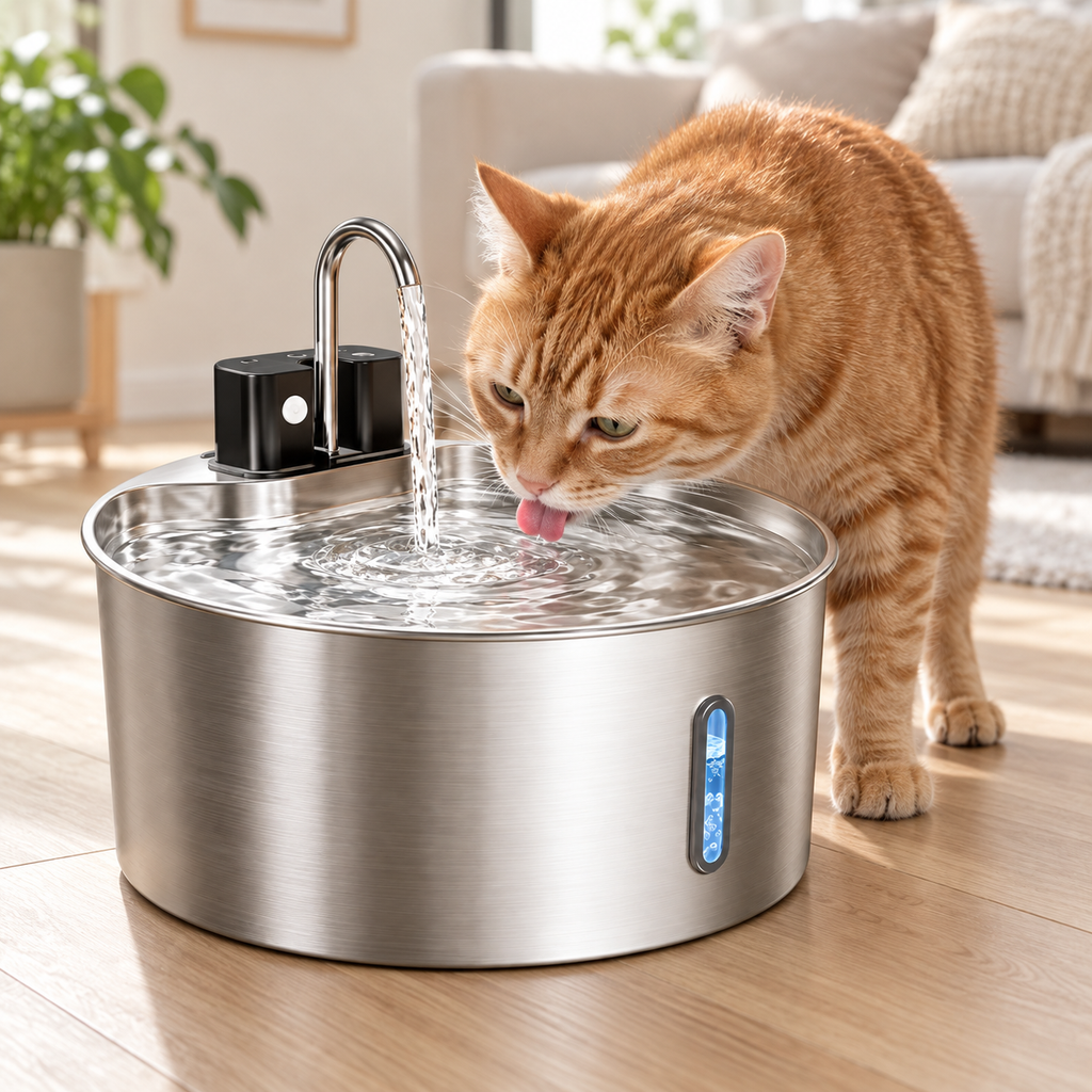 Ginger cat drinking from a round 7 L stainless steel pet fountain