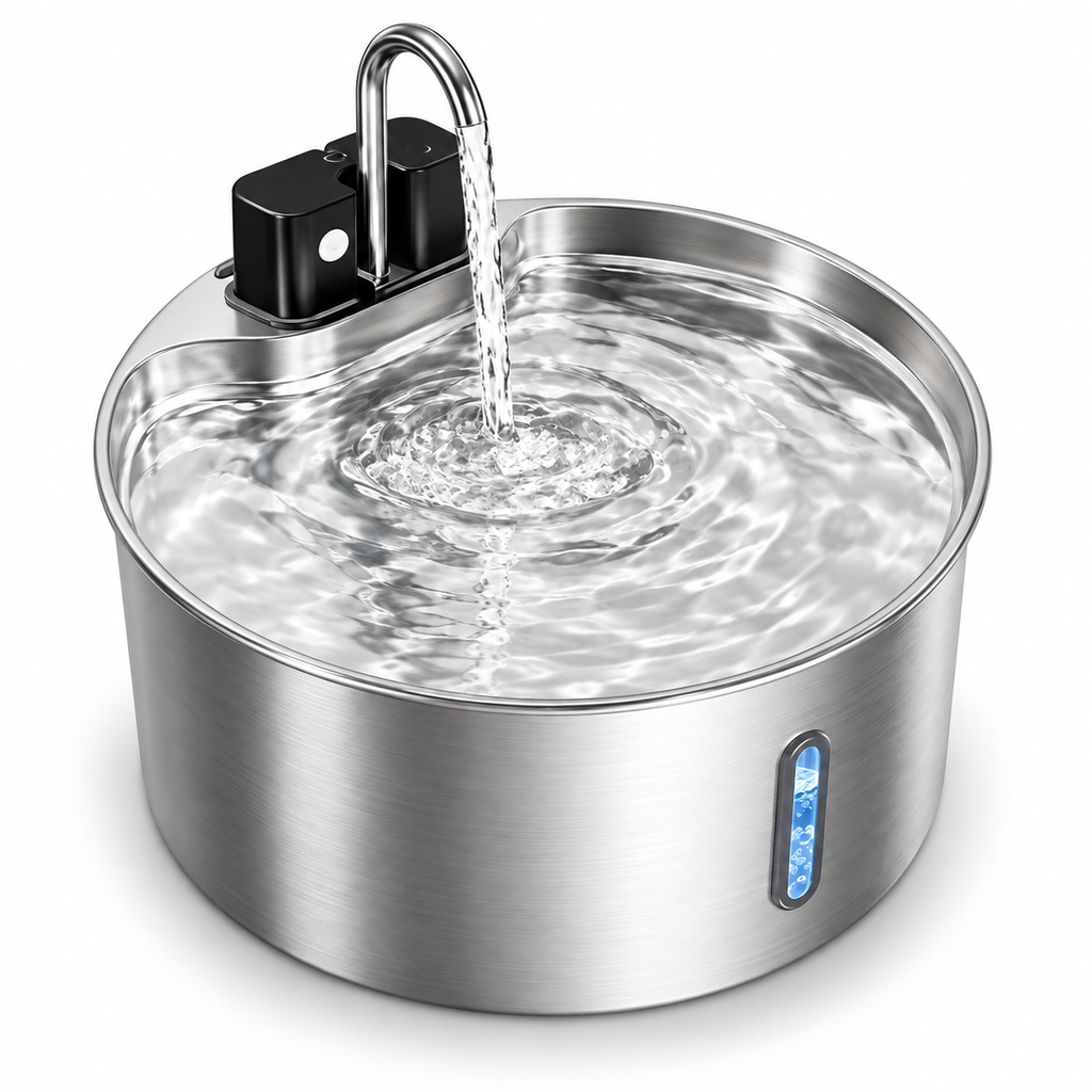 Overhead view of the round 7 L pet fountain and circular drinking tray