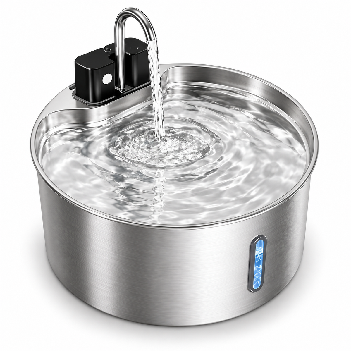 Overhead view of the round 7 L pet fountain and circular drinking tray