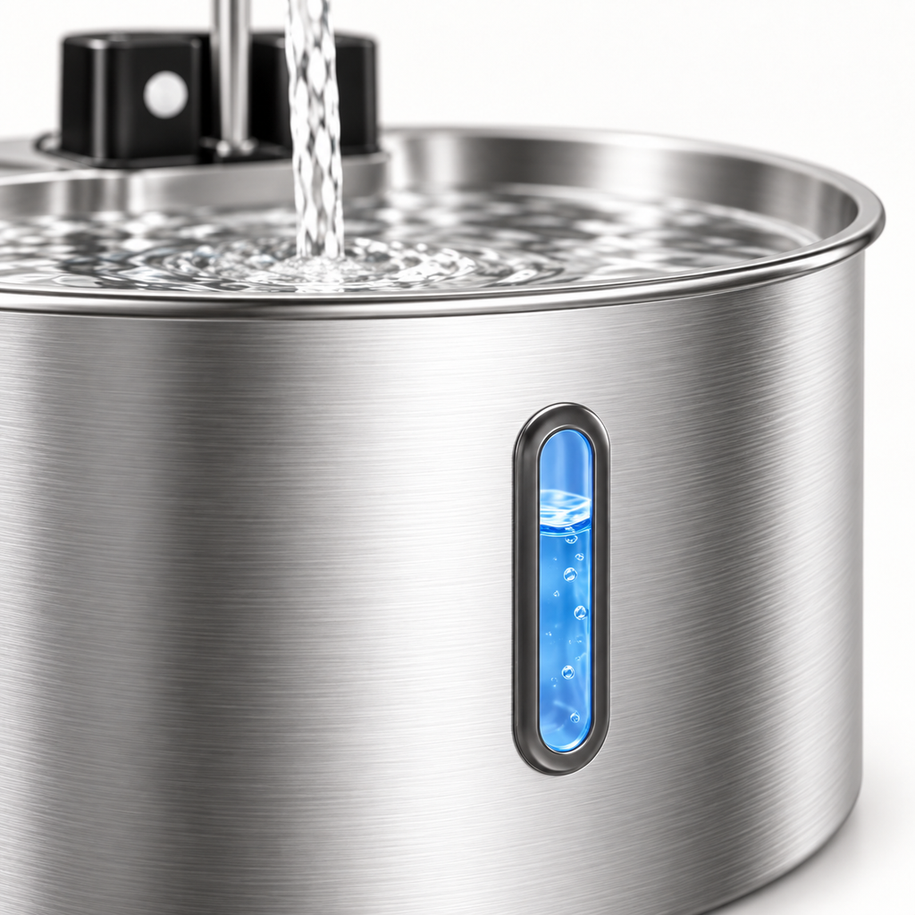 Close-up of the vertical water level window on the stainless steel pet fountain