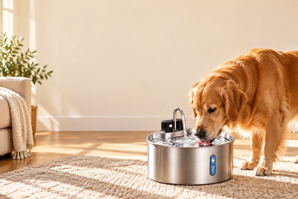 Chien qui boit à la fontaine Inmaison dans un salon ensoleillé