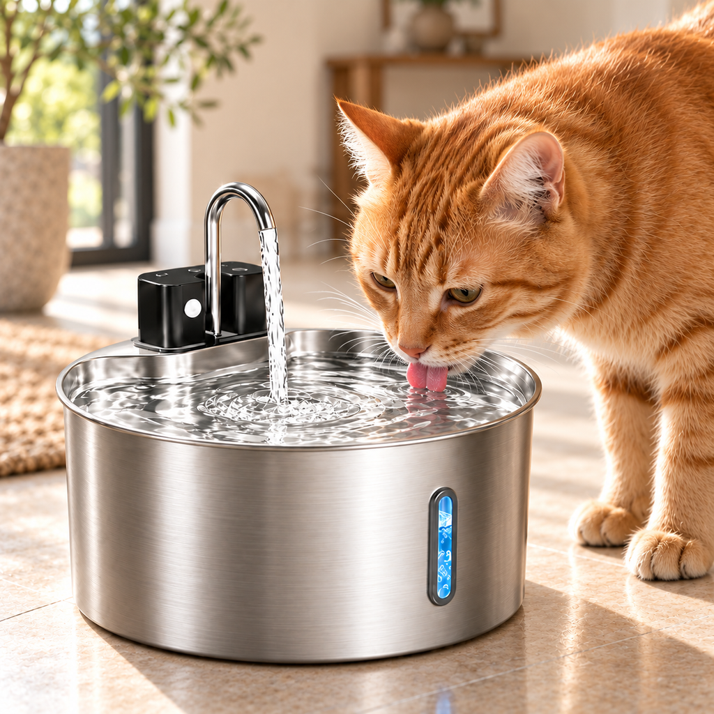 Gros plan d’un chat buvant à la fontaine Inmaison