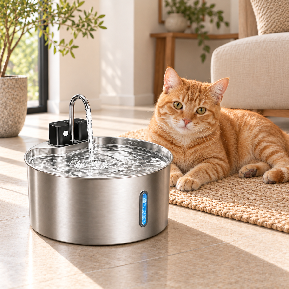 Chat roux détendu près de la fontaine Inmaison