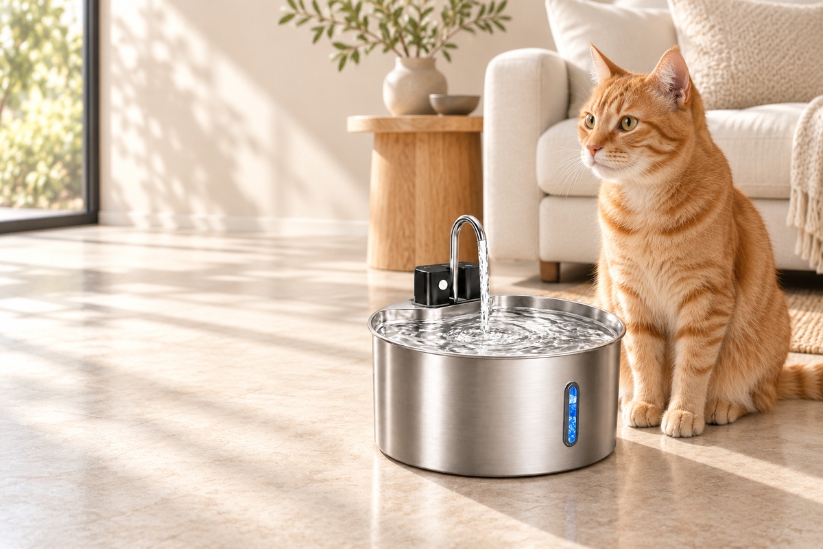 Fontaine Inmaison et chat roux dans un salon lumineux