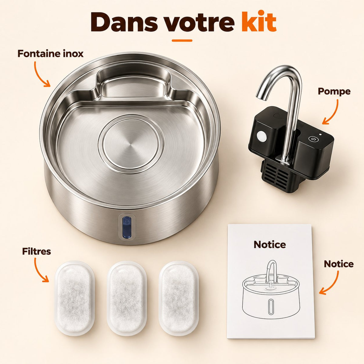 Contenu du kit : fontaine inox, pompe, filtres et notice