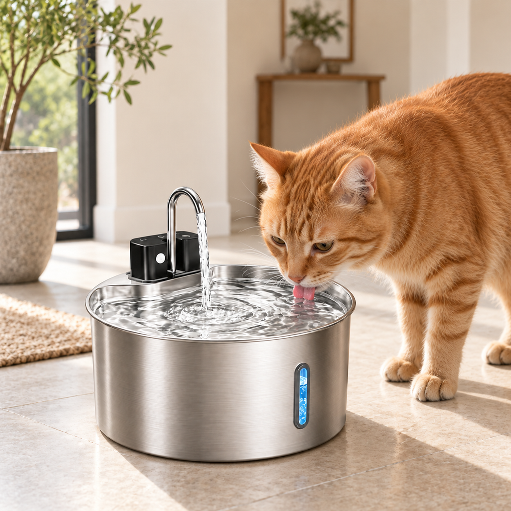 Chat roux buvant à la fontaine à eau Inmaison en inox