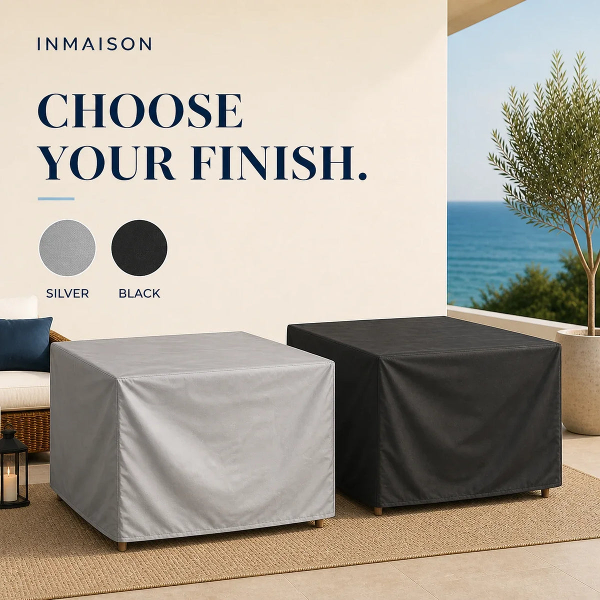 Silver and black finishes of the patio furniture cover shown side by side