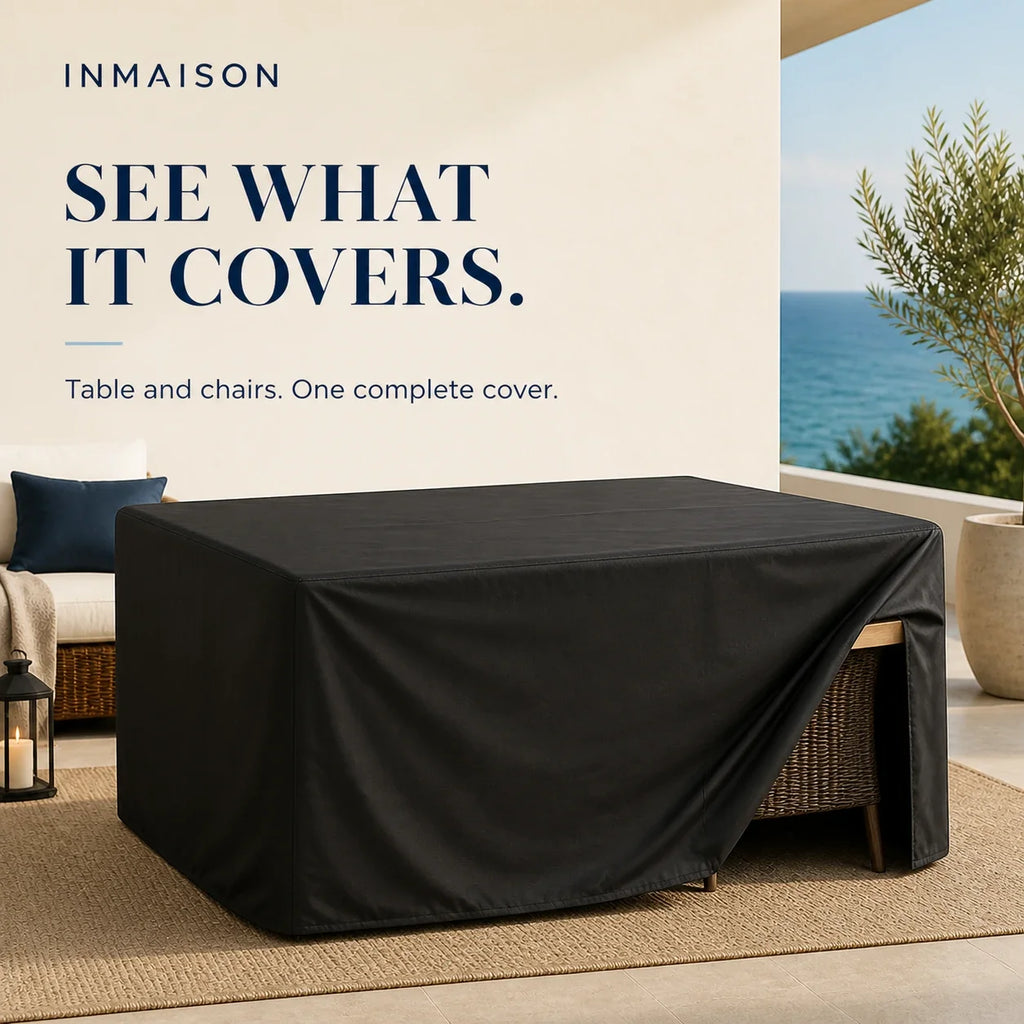 Cover lifted at one corner showing the table and chairs it covers underneath